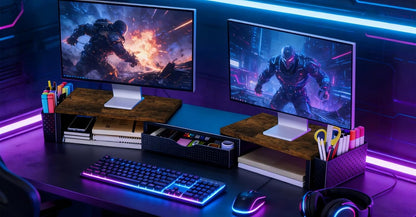 Dual Monitor Stand Riser with Drawer and 2 Pen Holders