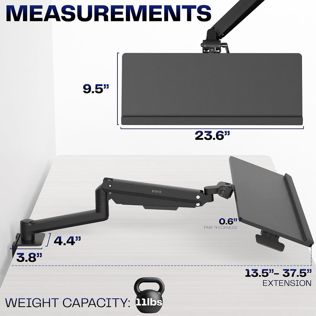 Black Pneumatic Arm Clamp-on 24 x 10 in Keyboard Tray, MOUNT-KB35CP