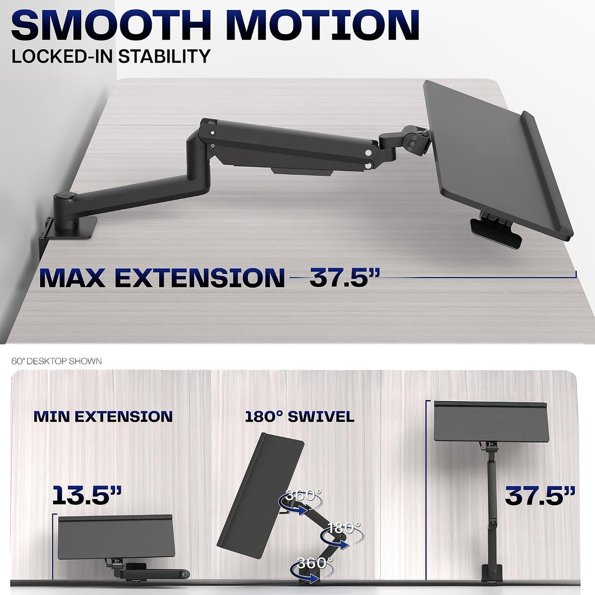 Black Pneumatic Arm Clamp-on 24 x 10 in Keyboard Tray, MOUNT-KB35CP