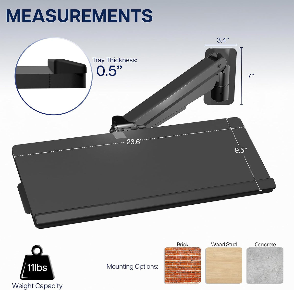 Black Pneumatic Arm Clamp-on 24 x 10 in Keyboard Tray, MOUNT-KB35CP