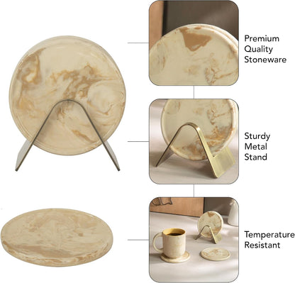 Ceramic Coaster Set with Holder – Set of 4 Handcrafted Drink Coasters for Table Protection – Premium Jupiter Design – Sturdy Bar Accessories for Coffee Table & Desk