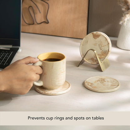Ceramic Coaster Set with Holder – Set of 4 Handcrafted Drink Coasters for Table Protection – Premium Jupiter Design – Sturdy Bar Accessories for Coffee Table & Desk