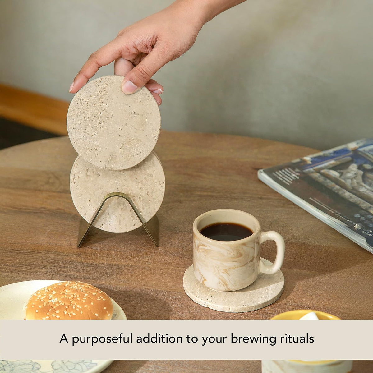 Ceramic Coaster Set with Holder – Set of 4 Handcrafted Drink Coasters for Table Protection – Premium Jupiter Design – Sturdy Bar Accessories for Coffee Table & Desk