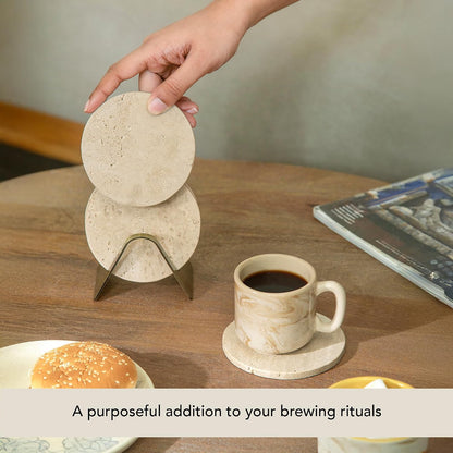 Ceramic Coaster Set with Holder – Set of 4 Handcrafted Drink Coasters for Table Protection – Premium Jupiter Design – Sturdy Bar Accessories for Coffee Table & Desk