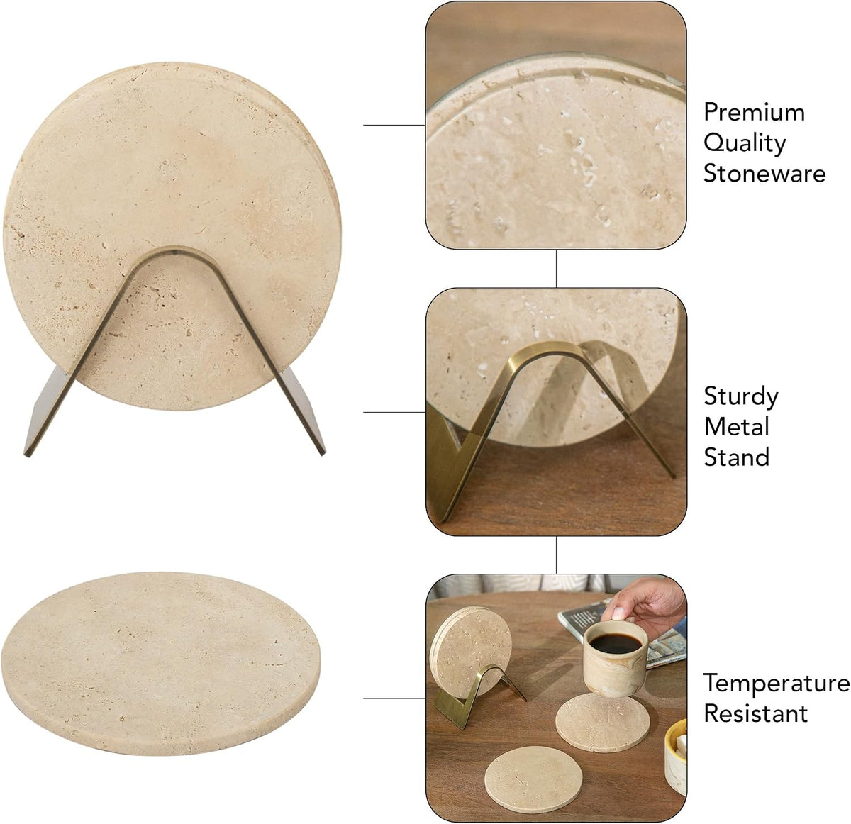 Ceramic Coaster Set with Holder – Set of 4 Handcrafted Drink Coasters for Table Protection – Premium Jupiter Design – Sturdy Bar Accessories for Coffee Table & Desk