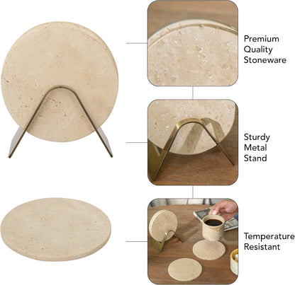Ceramic Coaster Set with Holder – Set of 4 Handcrafted Drink Coasters for Table Protection – Premium Jupiter Design – Sturdy Bar Accessories for Coffee Table & Desk