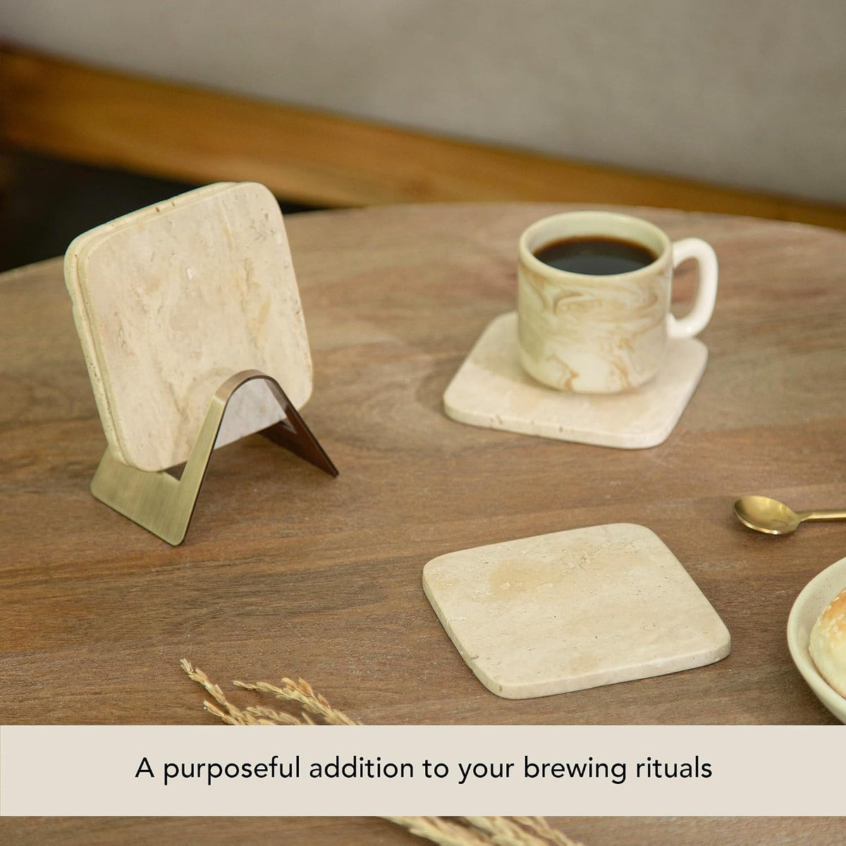Ceramic Coaster Set with Holder – Set of 4 Handcrafted Drink Coasters for Table Protection – Premium Jupiter Design – Sturdy Bar Accessories for Coffee Table & Desk