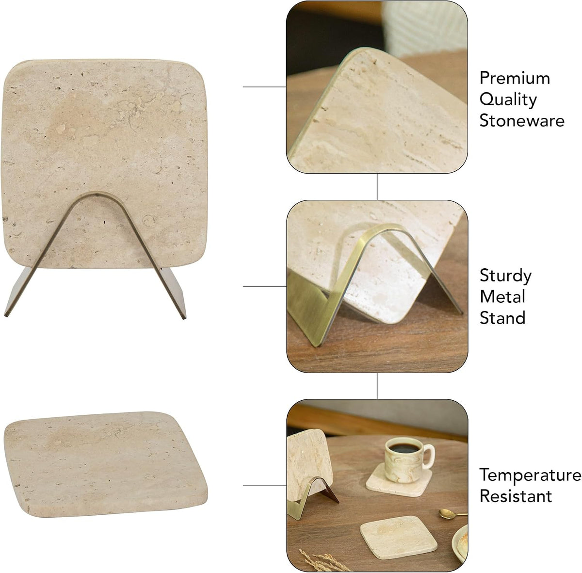 Ceramic Coaster Set with Holder – Set of 4 Handcrafted Drink Coasters for Table Protection – Premium Jupiter Design – Sturdy Bar Accessories for Coffee Table & Desk