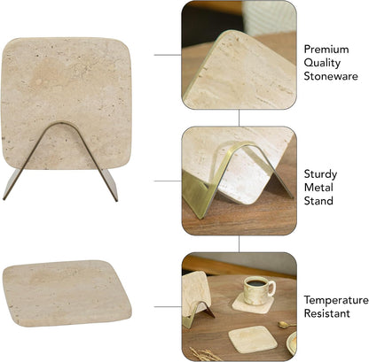 Ceramic Coaster Set with Holder – Set of 4 Handcrafted Drink Coasters for Table Protection – Premium Jupiter Design – Sturdy Bar Accessories for Coffee Table & Desk