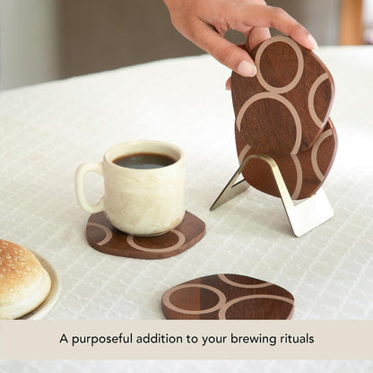 Ceramic Coaster Set with Holder – Set of 4 Handcrafted Drink Coasters for Table Protection – Premium Jupiter Design – Sturdy Bar Accessories for Coffee Table & Desk