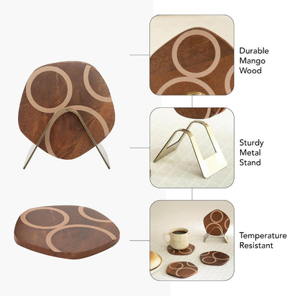 Ceramic Coaster Set with Holder – Set of 4 Handcrafted Drink Coasters for Table Protection – Premium Jupiter Design – Sturdy Bar Accessories for Coffee Table & Desk