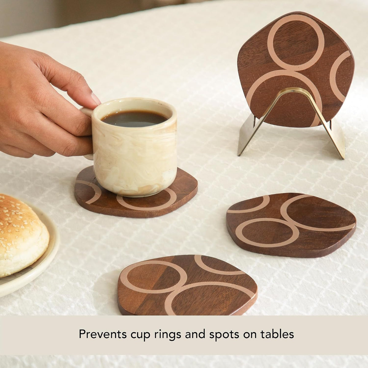 Ceramic Coaster Set with Holder – Set of 4 Handcrafted Drink Coasters for Table Protection – Premium Jupiter Design – Sturdy Bar Accessories for Coffee Table & Desk