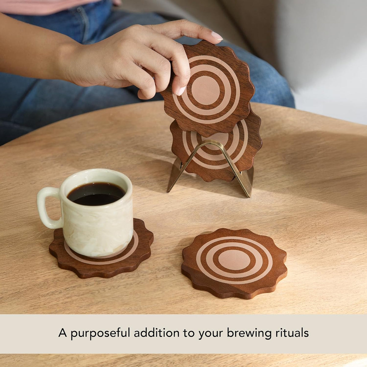 Ceramic Coaster Set with Holder – Set of 4 Handcrafted Drink Coasters for Table Protection – Premium Jupiter Design – Sturdy Bar Accessories for Coffee Table & Desk