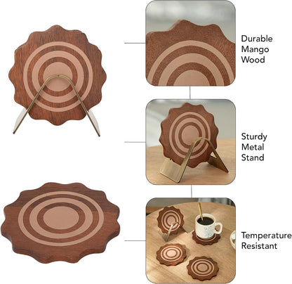 Ceramic Coaster Set with Holder – Set of 4 Handcrafted Drink Coasters for Table Protection – Premium Jupiter Design – Sturdy Bar Accessories for Coffee Table & Desk