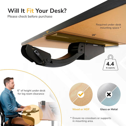 ! Under Desk Keyboard Tray, Adjustable Slide-Out Keyboard & Mouse Platform, 26.5" W × 10" D, Ergonomic Wrist Rest, Height Tilt & Swivel, Heavy-Duty Bolt-On Keyboard Drawer
