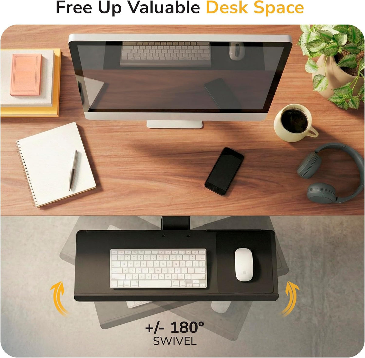 ! Under Desk Keyboard Tray, Adjustable Slide-Out Keyboard & Mouse Platform, 26.5" W × 10" D, Ergonomic Wrist Rest, Height Tilt & Swivel, Heavy-Duty Bolt-On Keyboard Drawer