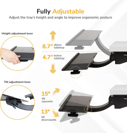! Under Desk Keyboard Tray, Adjustable Slide-Out Keyboard & Mouse Platform, 26.5" W × 10" D, Ergonomic Wrist Rest, Height Tilt & Swivel, Heavy-Duty Bolt-On Keyboard Drawer