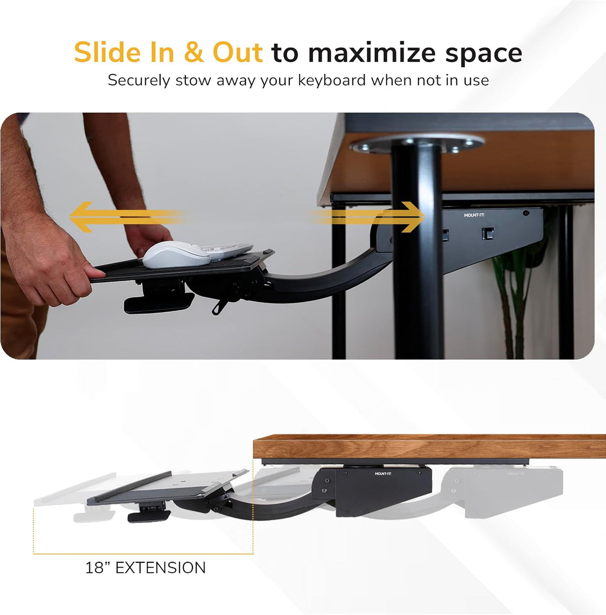 ! Under Desk Keyboard Tray, Adjustable Slide-Out Keyboard & Mouse Platform, 26.5" W × 10" D, Ergonomic Wrist Rest, Height Tilt & Swivel, Heavy-Duty Bolt-On Keyboard Drawer