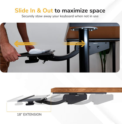! Under Desk Keyboard Tray, Adjustable Slide-Out Keyboard & Mouse Platform, 26.5" W × 10" D, Ergonomic Wrist Rest, Height Tilt & Swivel, Heavy-Duty Bolt-On Keyboard Drawer