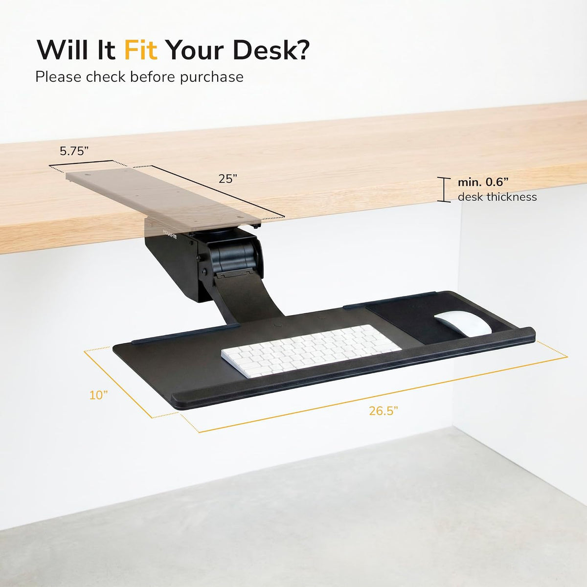 ! Under Desk Keyboard Tray, Adjustable Slide-Out Keyboard & Mouse Platform, 26.5" W × 10" D, Ergonomic Wrist Rest, Height Tilt & Swivel, Heavy-Duty Bolt-On Keyboard Drawer