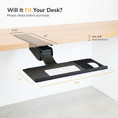 ! Under Desk Keyboard Tray, Adjustable Slide-Out Keyboard & Mouse Platform, 26.5" W × 10" D, Ergonomic Wrist Rest, Height Tilt & Swivel, Heavy-Duty Bolt-On Keyboard Drawer
