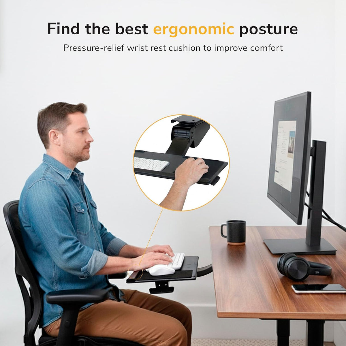 ! Under Desk Keyboard Tray, Adjustable Slide-Out Keyboard & Mouse Platform, 26.5" W × 10" D, Ergonomic Wrist Rest, Height Tilt & Swivel, Heavy-Duty Bolt-On Keyboard Drawer