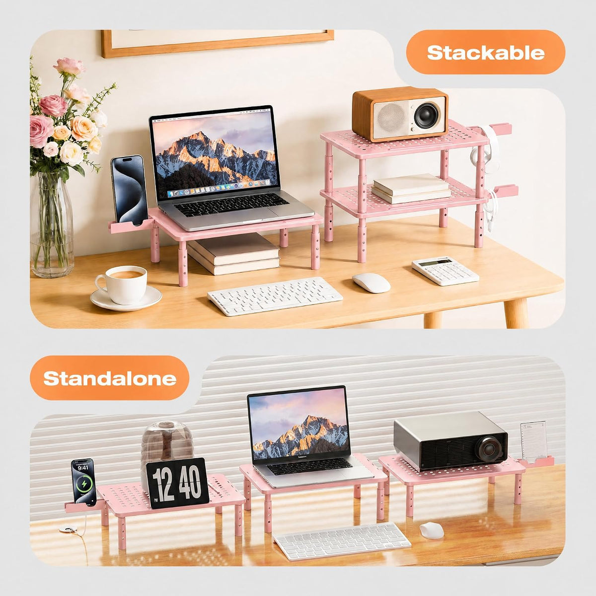 Computer Monitor Stand Riser for Desk, 3 Height Adjustable PC Laptop TV Desktop Monitor Stand Shelf, Metal Printer Table with Phone Holder, Stand Riser for Desk, Office Desk Organizers and Accessories, 2 Pack