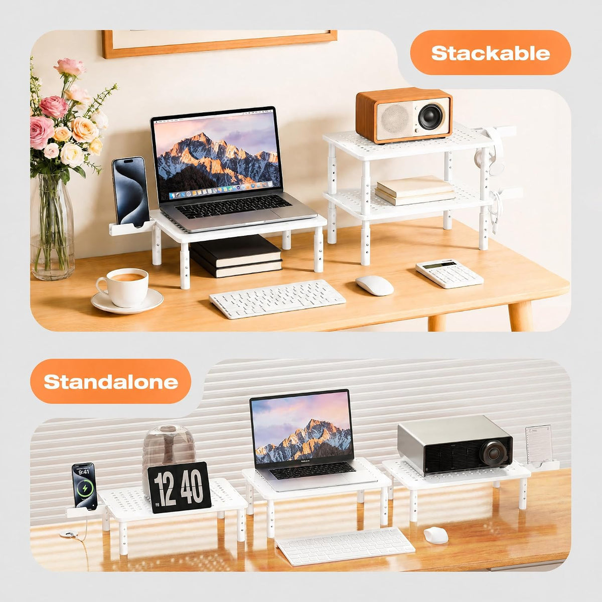 Computer Monitor Stand Riser for Desk, 3 Height Adjustable PC Laptop TV Desktop Monitor Stand Shelf, Metal Printer Table with Phone Holder, Stand Riser for Desk, Office Desk Organizers and Accessories, 2 Pack
