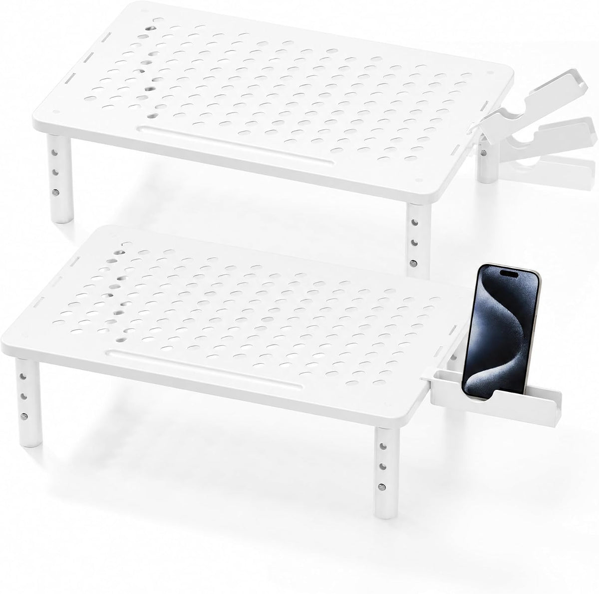 Computer Monitor Stand Riser for Desk, 3 Height Adjustable PC Laptop TV Desktop Monitor Stand Shelf, Metal Printer Table with Phone Holder, Stand Riser for Desk, Office Desk Organizers and Accessories, 2 Pack
