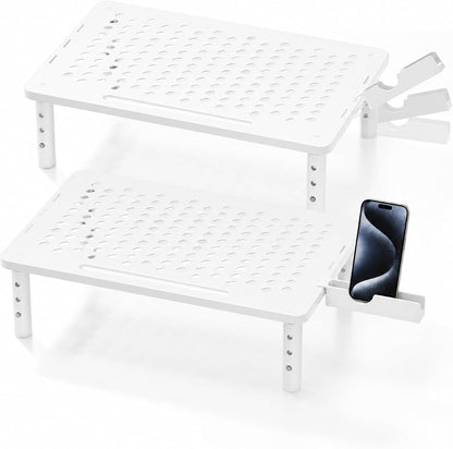 Computer Monitor Stand Riser for Desk, 3 Height Adjustable PC Laptop TV Desktop Monitor Stand Shelf, Metal Printer Table with Phone Holder, Stand Riser for Desk, Office Desk Organizers and Accessories, 2 Pack