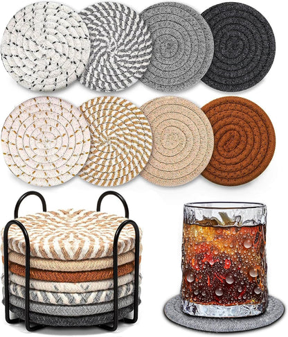Woven Coasters Set of 8, Absorbent Drink Coasters with Holder, Boho Cotton Coffee Cup Coaster for Table, Desk, Coffee Bar, Housewarming Gift (8 Colors,4.17 Inch)