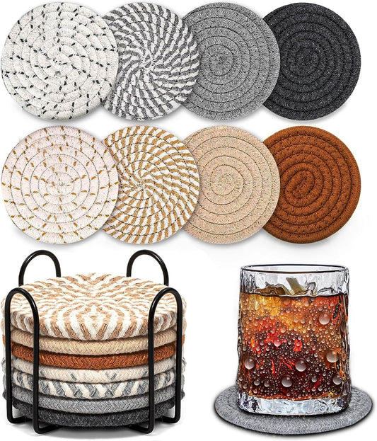 Woven Coasters Set of 8, Absorbent Drink Coasters with Holder, Boho Cotton Coffee Cup Coaster for Table, Desk, Coffee Bar, Housewarming Gift (8 Colors,4.17 Inch)