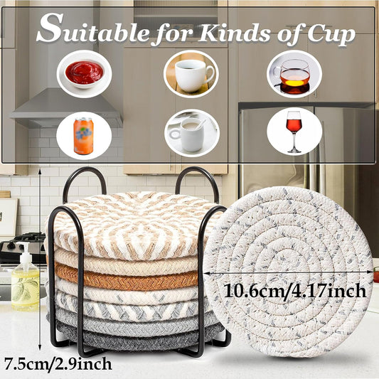 Woven Coasters Set of 8, Absorbent Drink Coasters with Holder, Boho Cotton Coffee Cup Coaster for Table, Desk, Coffee Bar, Housewarming Gift (8 Colors,4.17 Inch)