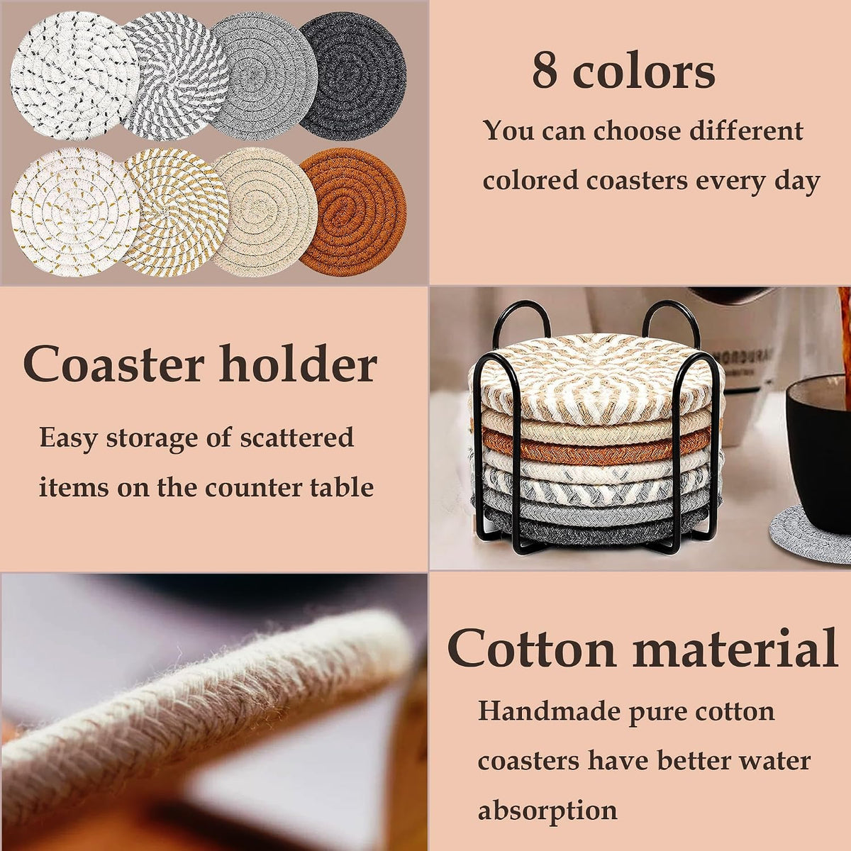 Woven Coasters Set of 8, Absorbent Drink Coasters with Holder, Boho Cotton Coffee Cup Coaster for Table, Desk, Coffee Bar, Housewarming Gift (8 Colors,4.17 Inch)