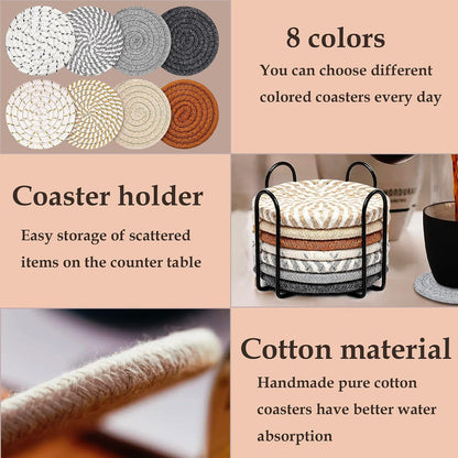 Woven Coasters Set of 8, Absorbent Drink Coasters with Holder, Boho Cotton Coffee Cup Coaster for Table, Desk, Coffee Bar, Housewarming Gift (8 Colors,4.17 Inch)