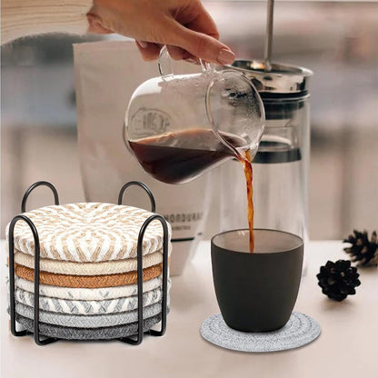 Woven Coasters Set of 8, Absorbent Drink Coasters with Holder, Boho Cotton Coffee Cup Coaster for Table, Desk, Coffee Bar, Housewarming Gift (8 Colors,4.17 Inch)