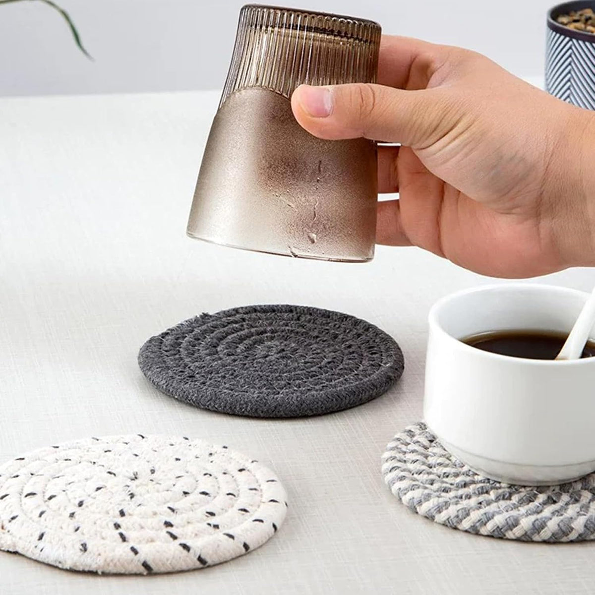 Woven Coasters Set of 8, Absorbent Drink Coasters with Holder, Boho Cotton Coffee Cup Coaster for Table, Desk, Coffee Bar, Housewarming Gift (8 Colors,4.17 Inch)
