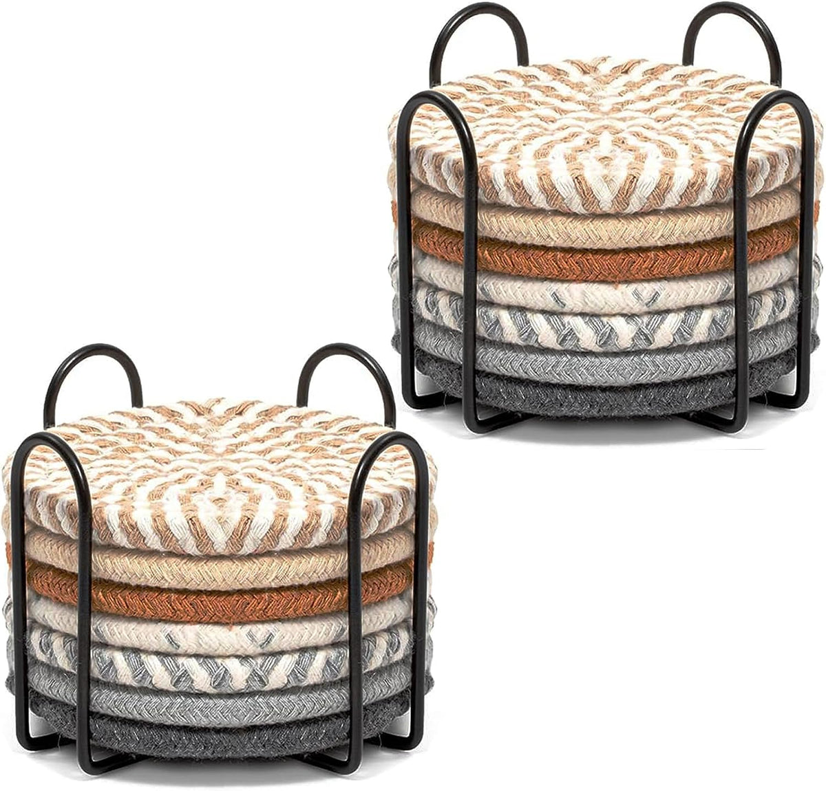 Woven Coasters Set of 8, Absorbent Drink Coasters with Holder, Boho Cotton Coffee Cup Coaster for Table, Desk, Coffee Bar, Housewarming Gift (8 Colors,4.17 Inch)