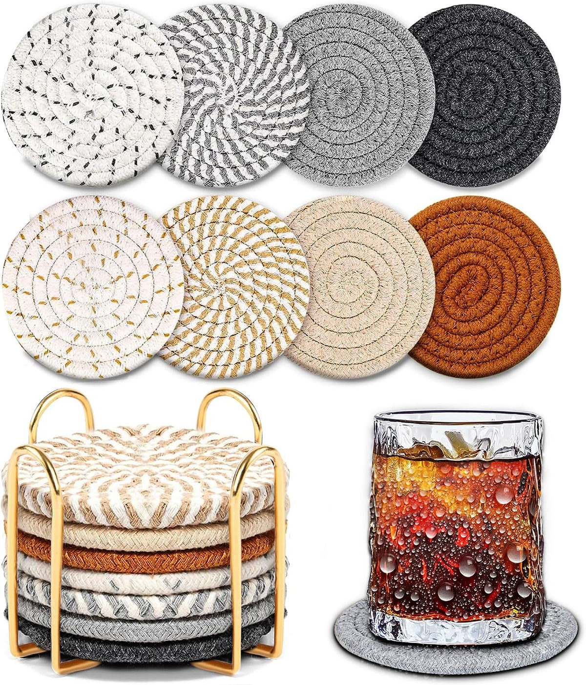 Woven Coasters Set of 8, Absorbent Drink Coasters with Holder, Boho Cotton Coffee Cup Coaster for Table, Desk, Coffee Bar, Housewarming Gift (8 Colors,4.17 Inch)