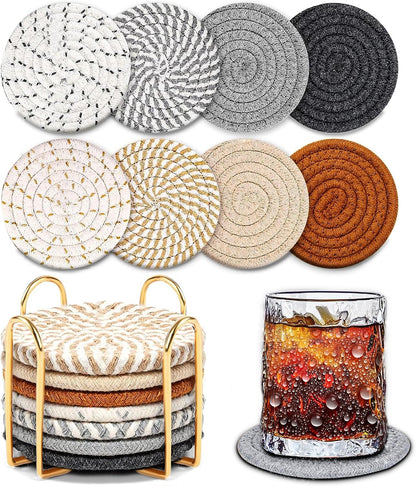 Woven Coasters Set of 8, Absorbent Drink Coasters with Holder, Boho Cotton Coffee Cup Coaster for Table, Desk, Coffee Bar, Housewarming Gift (8 Colors,4.17 Inch)