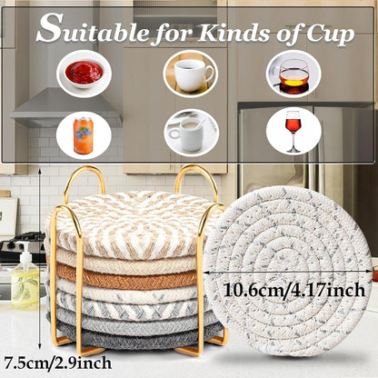 Woven Coasters Set of 8, Absorbent Drink Coasters with Holder, Boho Cotton Coffee Cup Coaster for Table, Desk, Coffee Bar, Housewarming Gift (8 Colors,4.17 Inch)