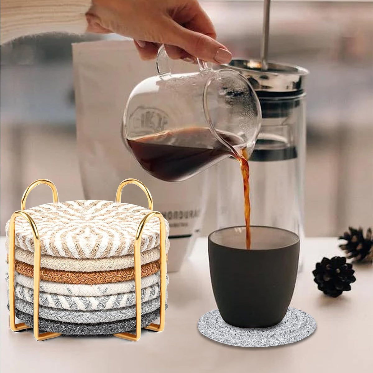 Woven Coasters Set of 8, Absorbent Drink Coasters with Holder, Boho Cotton Coffee Cup Coaster for Table, Desk, Coffee Bar, Housewarming Gift (8 Colors,4.17 Inch)