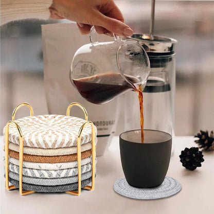 Woven Coasters Set of 8, Absorbent Drink Coasters with Holder, Boho Cotton Coffee Cup Coaster for Table, Desk, Coffee Bar, Housewarming Gift (8 Colors,4.17 Inch)