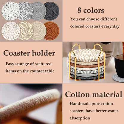 Woven Coasters Set of 8, Absorbent Drink Coasters with Holder, Boho Cotton Coffee Cup Coaster for Table, Desk, Coffee Bar, Housewarming Gift (8 Colors,4.17 Inch)