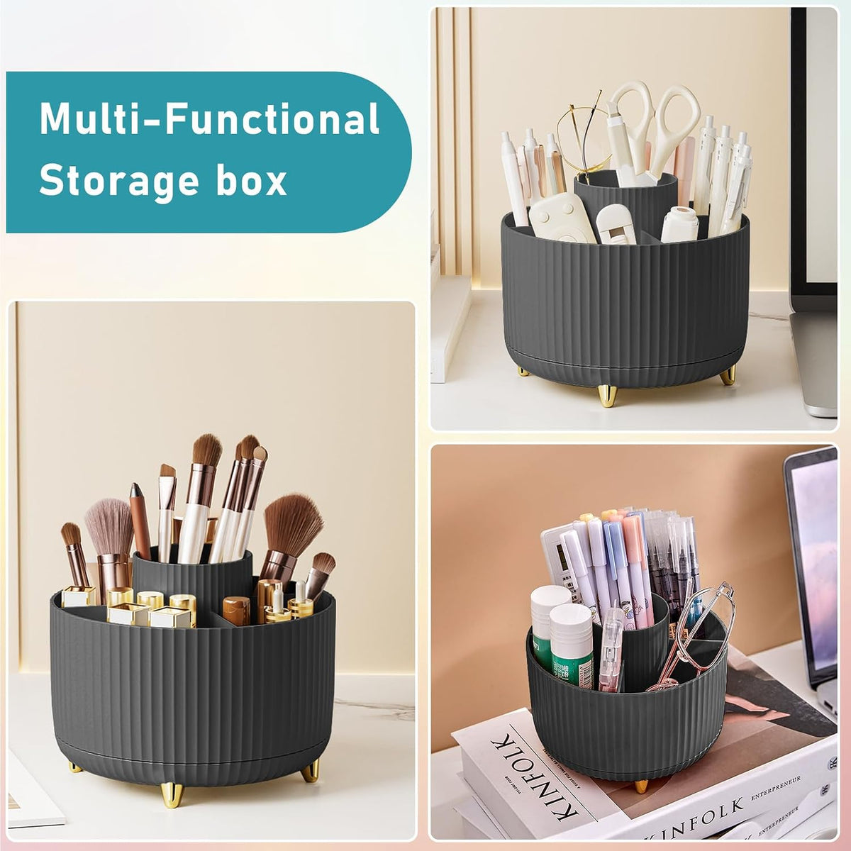 Diesisa Makeup Brush Holder Organizer,360° Rotating Makeup Brush Organizer,5 Slot Make up Brushes Cup for Cosmetics, Nail Polish, Art Supply, Bathroom Vanity Desktop Organizer - White