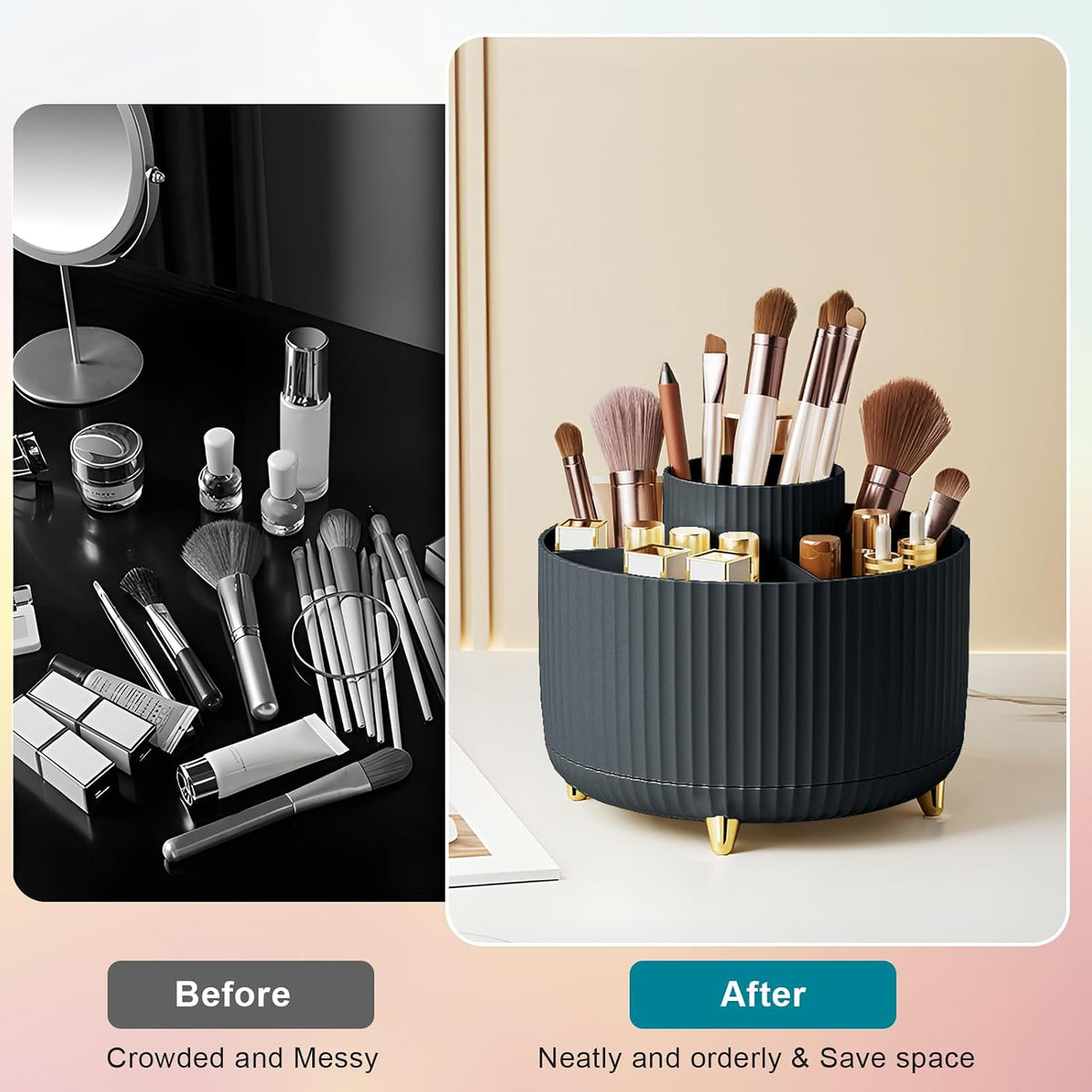 Diesisa Makeup Brush Holder Organizer,360° Rotating Makeup Brush Organizer,5 Slot Make up Brushes Cup for Cosmetics, Nail Polish, Art Supply, Bathroom Vanity Desktop Organizer - White