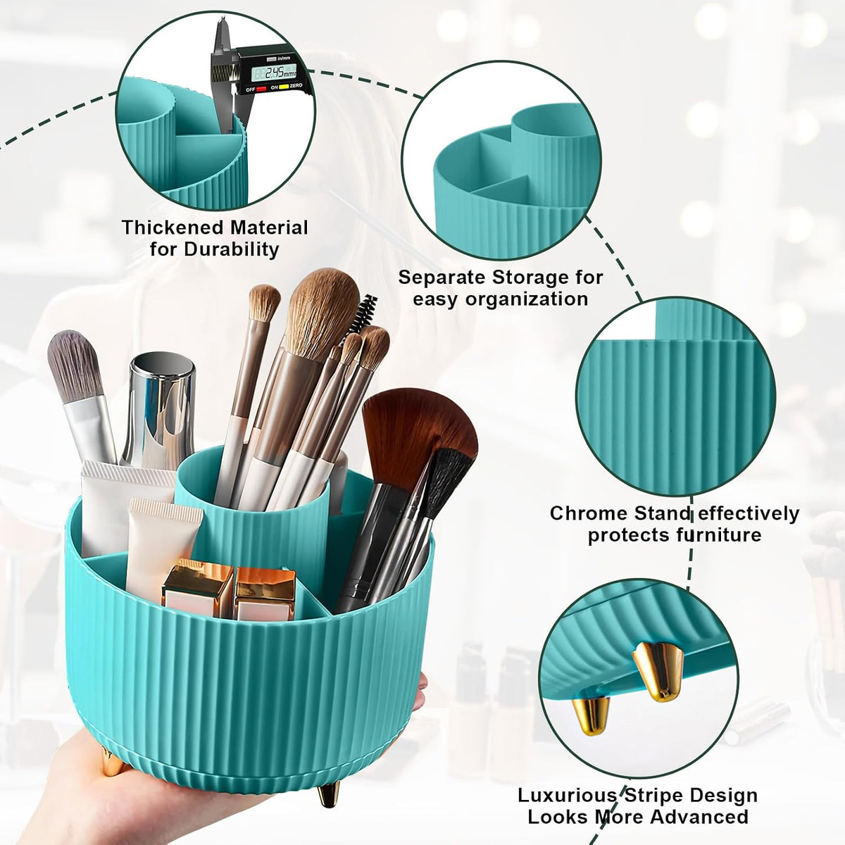 Diesisa Makeup Brush Holder Organizer,360° Rotating Makeup Brush Organizer,5 Slot Make up Brushes Cup for Cosmetics, Nail Polish, Art Supply, Bathroom Vanity Desktop Organizer - White