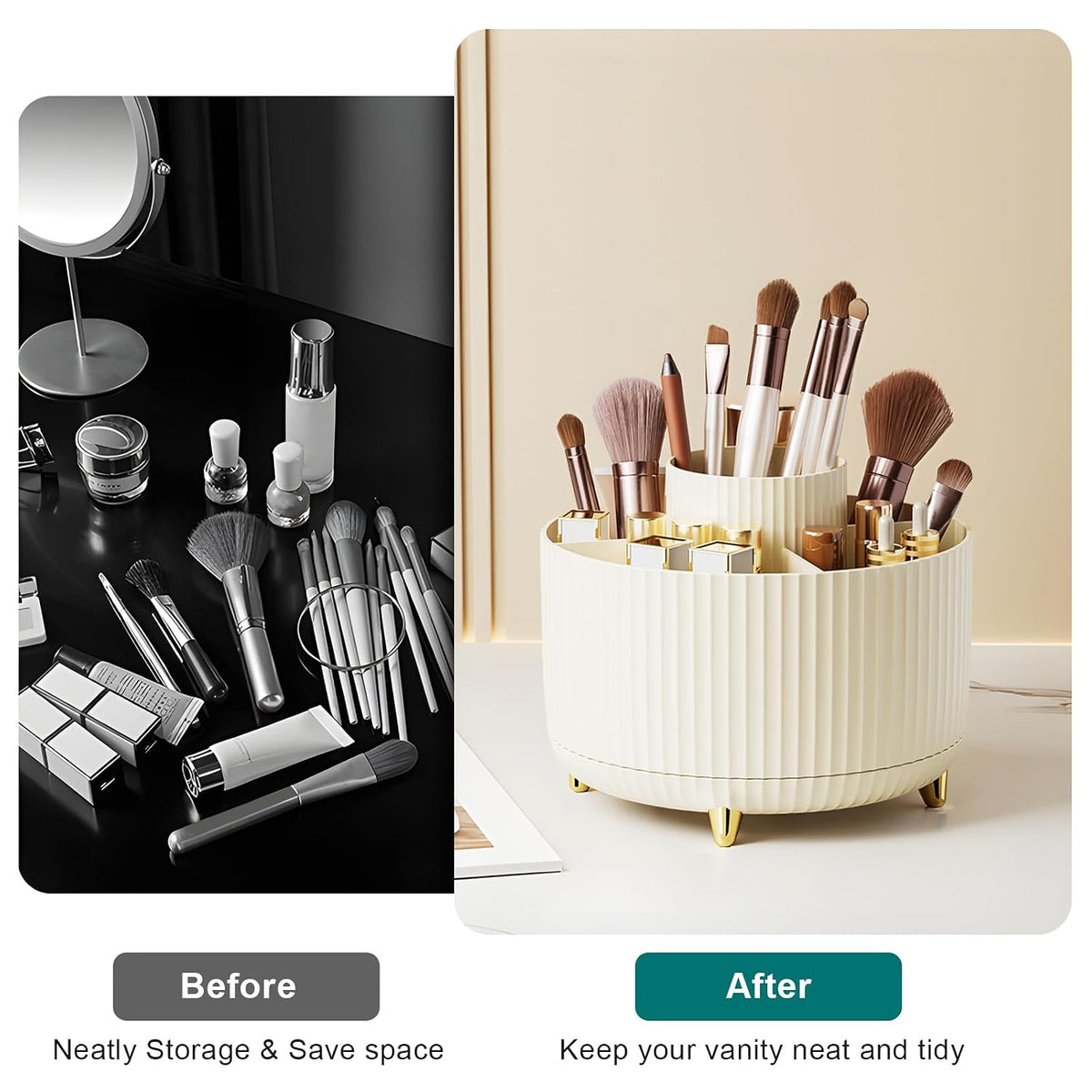 Diesisa Makeup Brush Holder Organizer,360° Rotating Makeup Brush Organizer,5 Slot Make up Brushes Cup for Cosmetics, Nail Polish, Art Supply, Bathroom Vanity Desktop Organizer - White