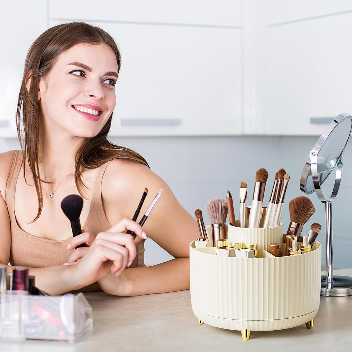 Diesisa Makeup Brush Holder Organizer,360° Rotating Makeup Brush Organizer,5 Slot Make up Brushes Cup for Cosmetics, Nail Polish, Art Supply, Bathroom Vanity Desktop Organizer - White