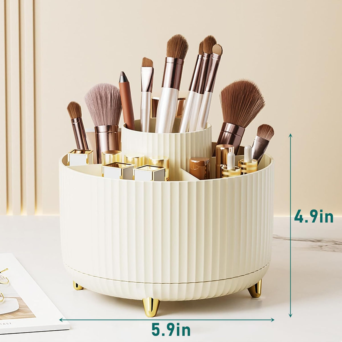 Diesisa Makeup Brush Holder Organizer,360° Rotating Makeup Brush Organizer,5 Slot Make up Brushes Cup for Cosmetics, Nail Polish, Art Supply, Bathroom Vanity Desktop Organizer - White